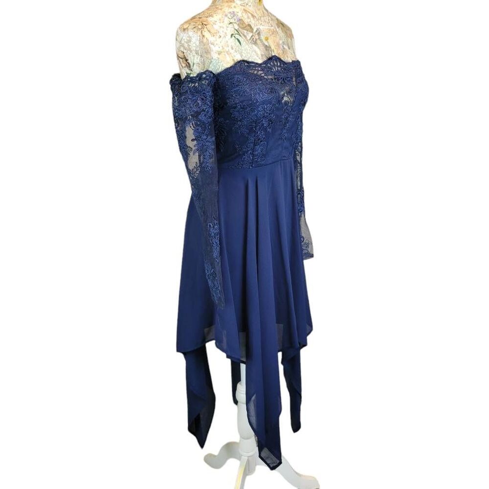 Blue Lace Off Shoulder Long Sleeve Hankerchief Hem Cocktail Evening Dress - Picture 5 of 9